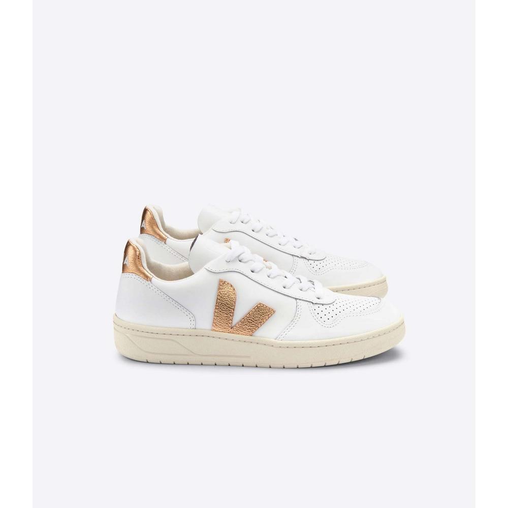 Women\'s Veja V-10 LEATHER Sneakers White/Gold | ZA 641CTV